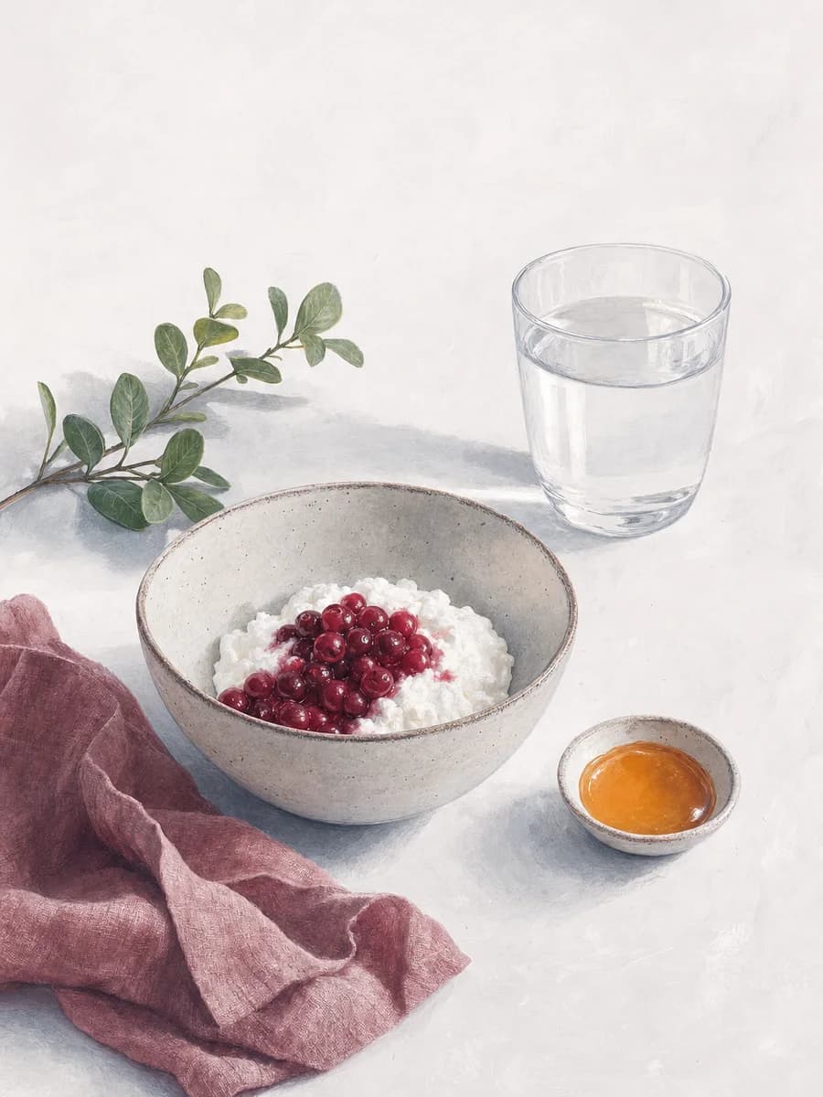 Målat stilleben: kvargskål med lingon, ett glas vatten och en honungskanna i morgonljus.