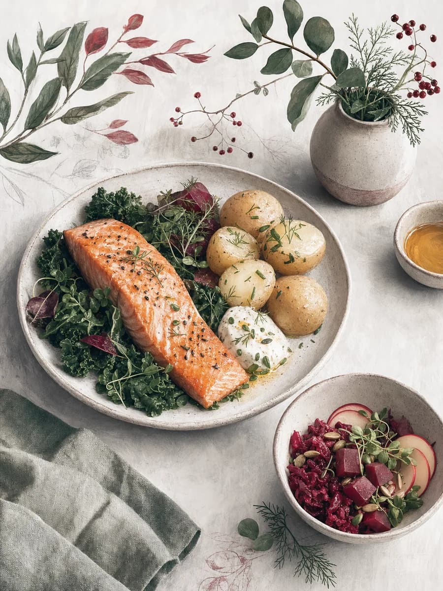 Målad tallrik med lax, potatis, grönkål och dillyoghurt.